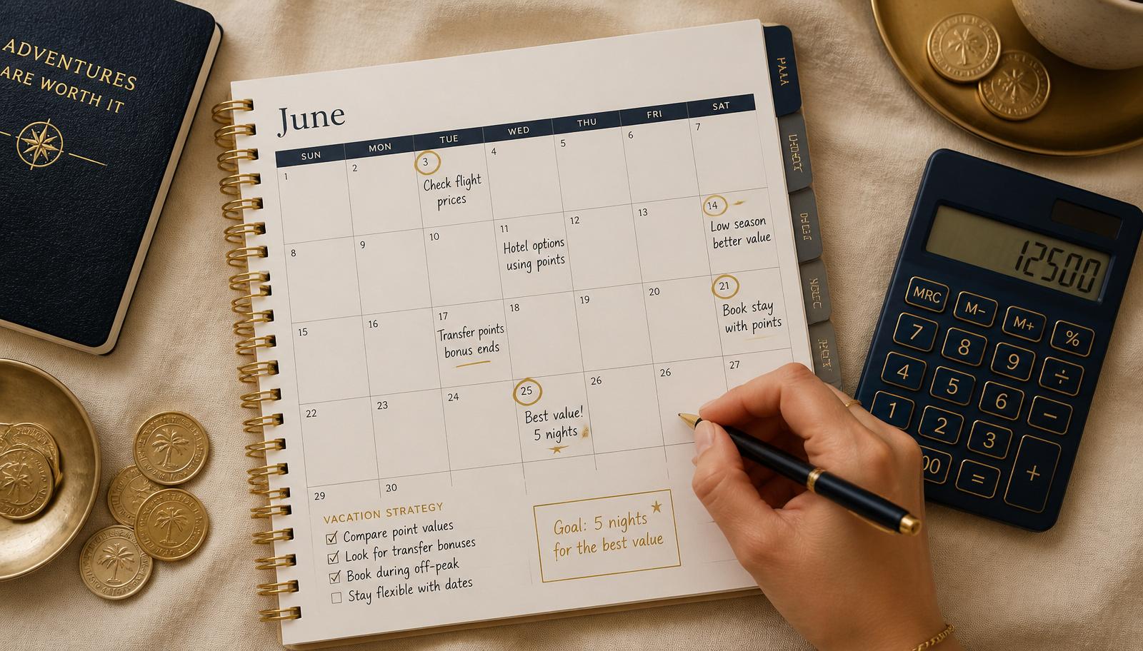 Hand annotating a planner calendar with gold-circled travel dates, calculator, and brass coins โ DVC points strategy guides.