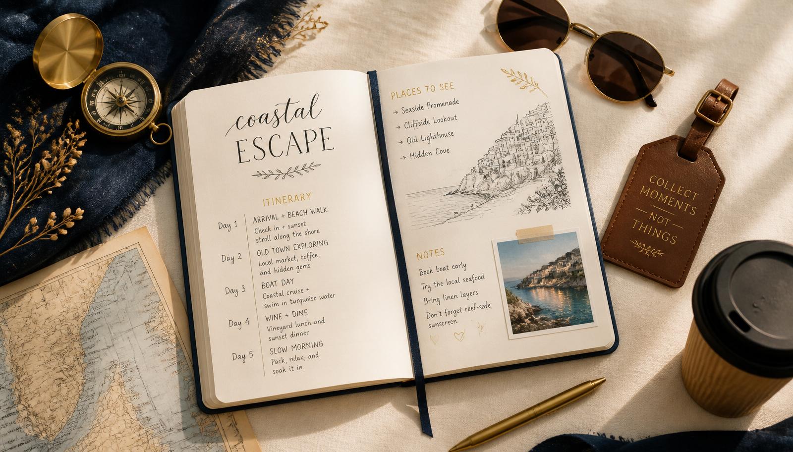 Open travel journal with hand-lettered itinerary, brass compass, map, and sunglasses โ DVC trip planning articles.